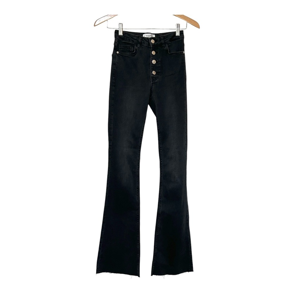 Mango MNG Women's Flare Leg Jeans Size 0 Black 24" Waist Button Front Raw Hem